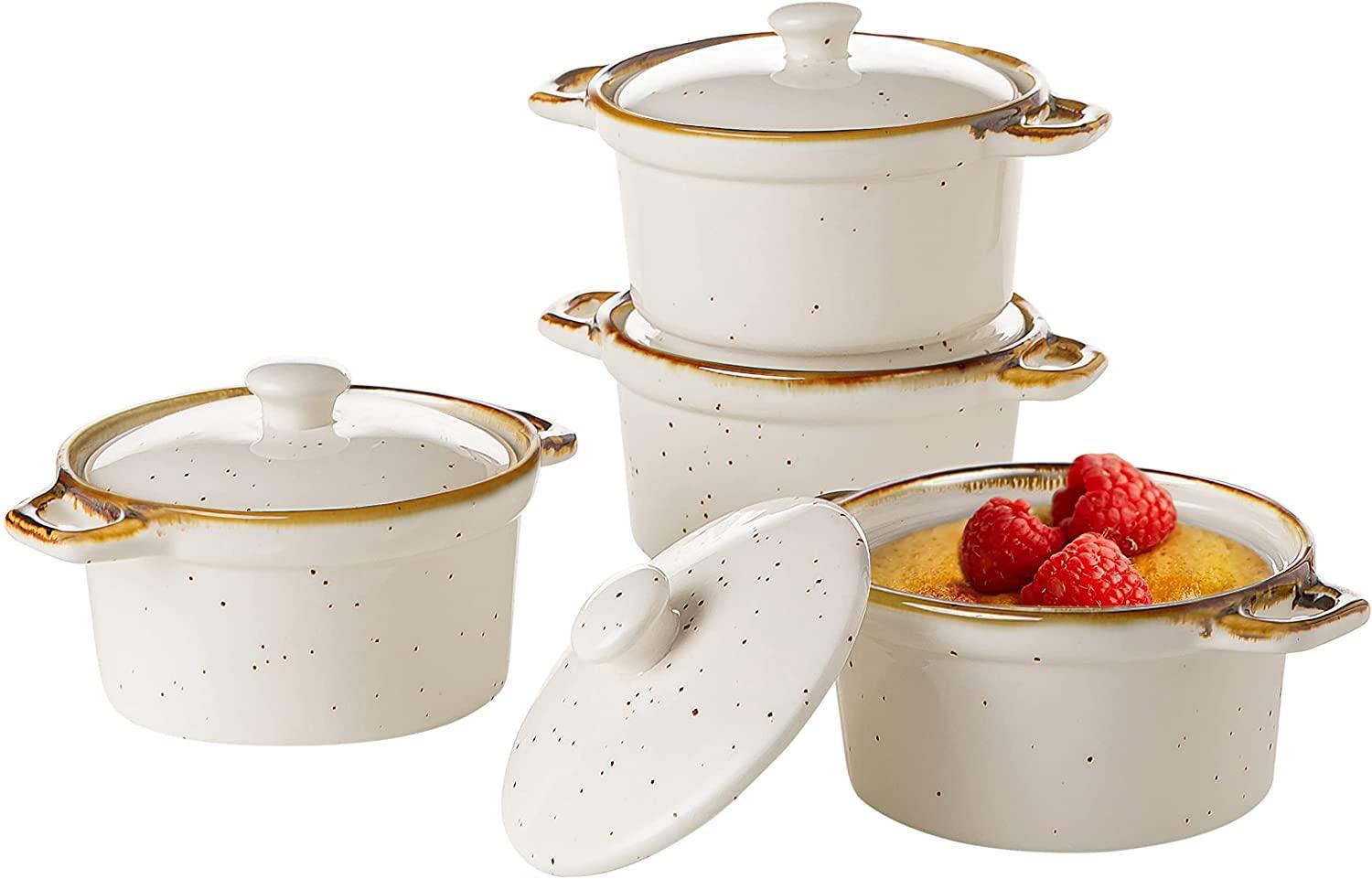 contenpo onemore ceramic ramekins with lids - 6oz, set of 4 - oven safe small casserole dish with handles - cocotte set for individual