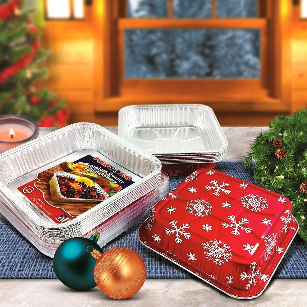 pactogo red holiday christmas square cake aluminum foil pan w/clear dome lid disposable baking tins (pack of 25 sets)