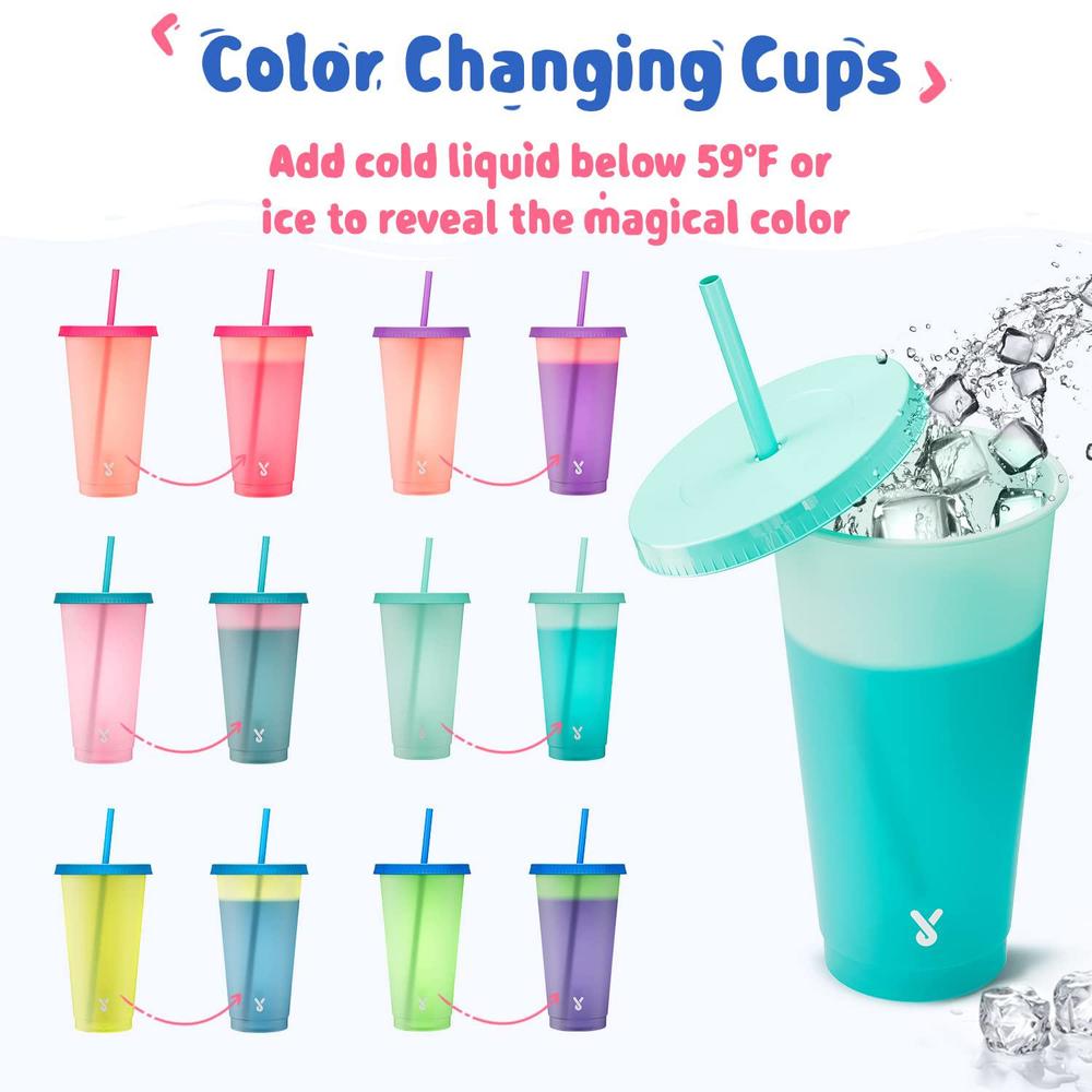 meoky plastic cups with lids and straws bulk - 6 pack 24 oz color changing reusable cups with lids and straws for adults kid 