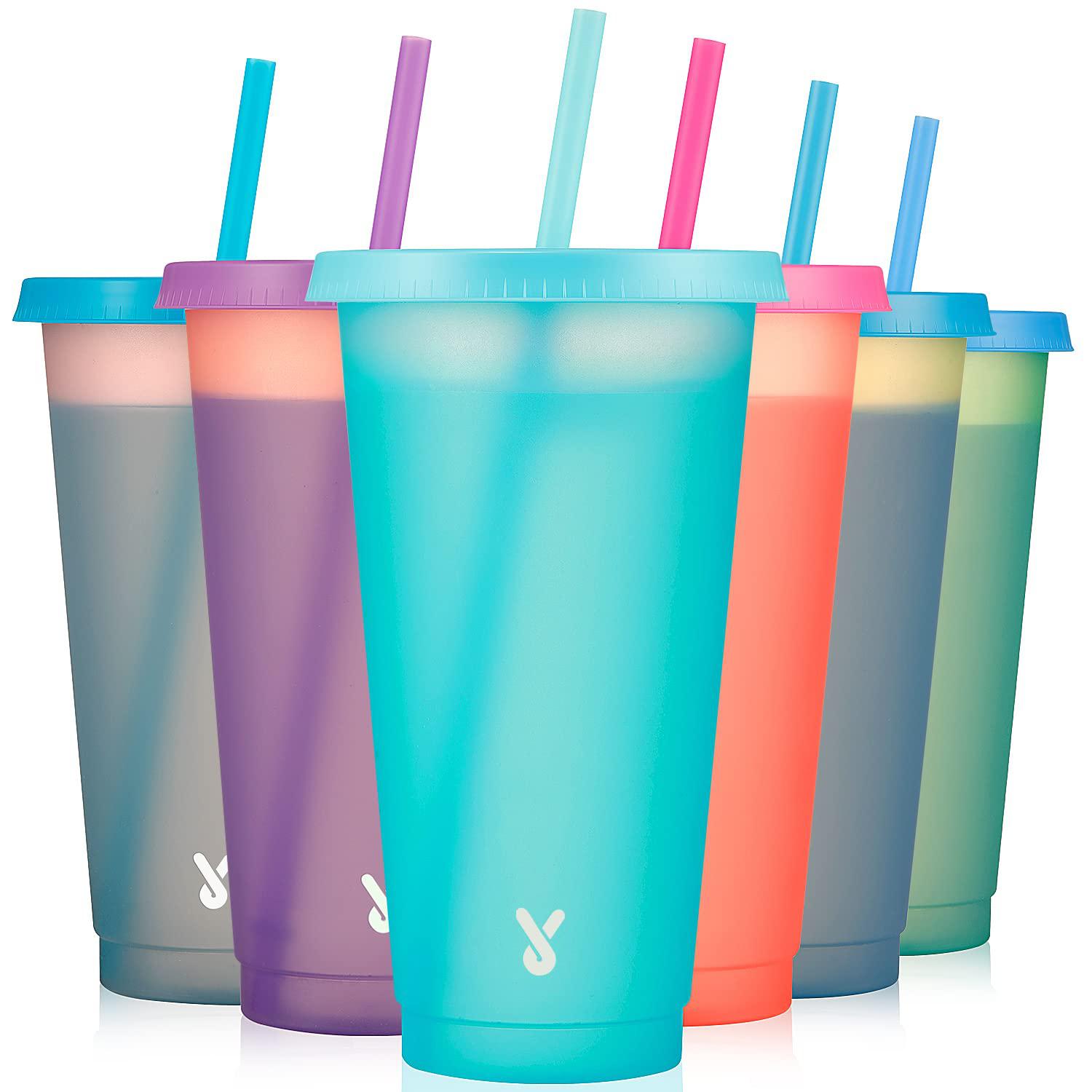 meoky plastic cups with lids and straws bulk - 6 pack 24 oz color changing reusable cups with lids and straws for adults kid 