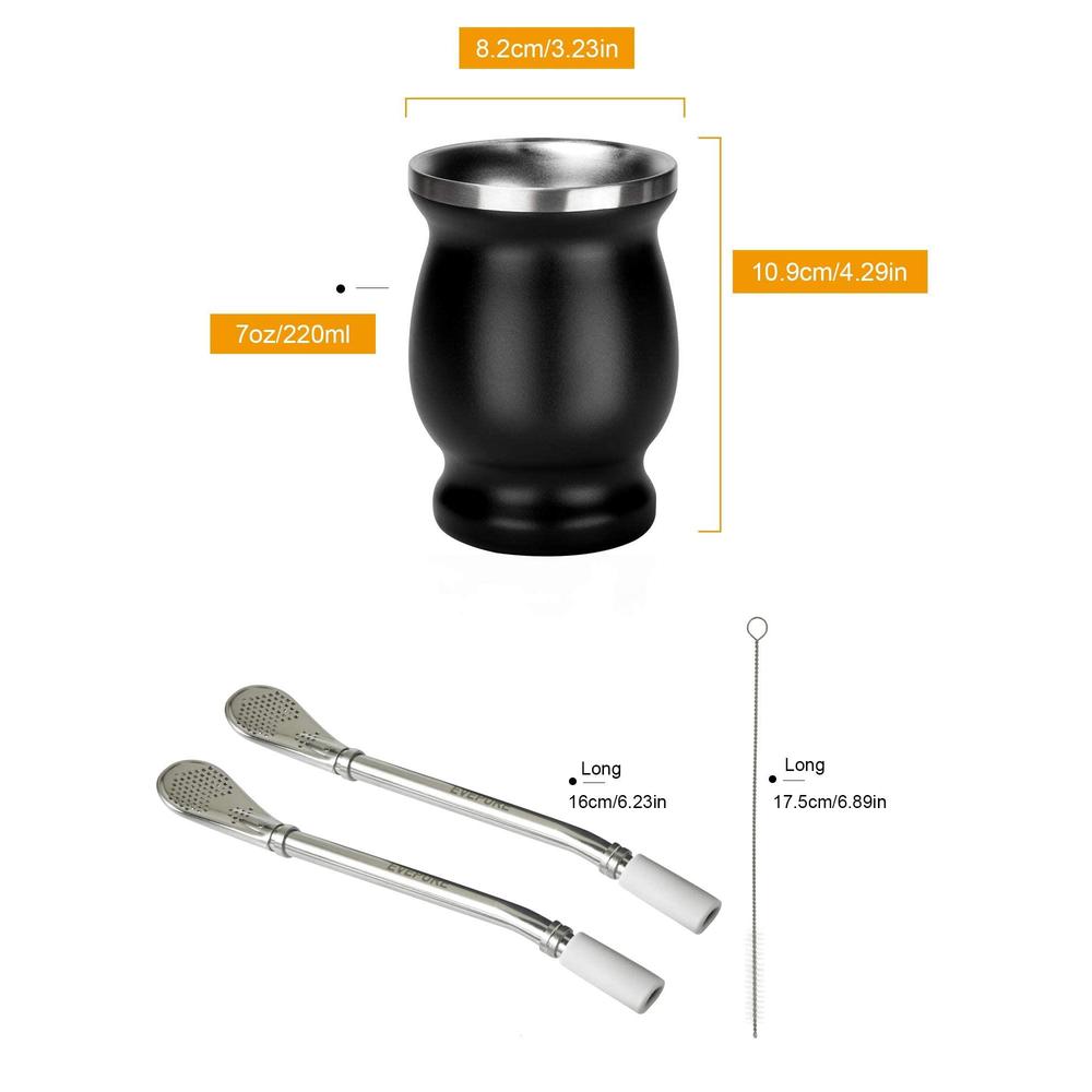 evepure yerba mate gourd cup- mate gourd and bombilla set - silicone straw tips for yerba mate bombillas - midnight black