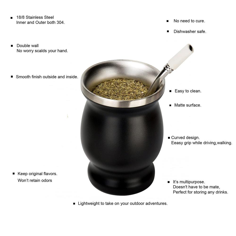 evepure yerba mate gourd cup- mate gourd and bombilla set - silicone straw tips for yerba mate bombillas - midnight black