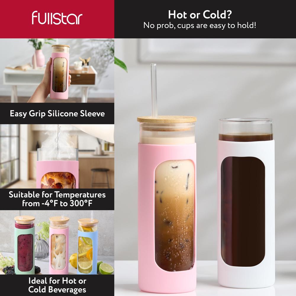 fullstar glass cups with lids and straws - drinking glasses, glass tumbler with straw and lid, iced coffee cups, glass coffee