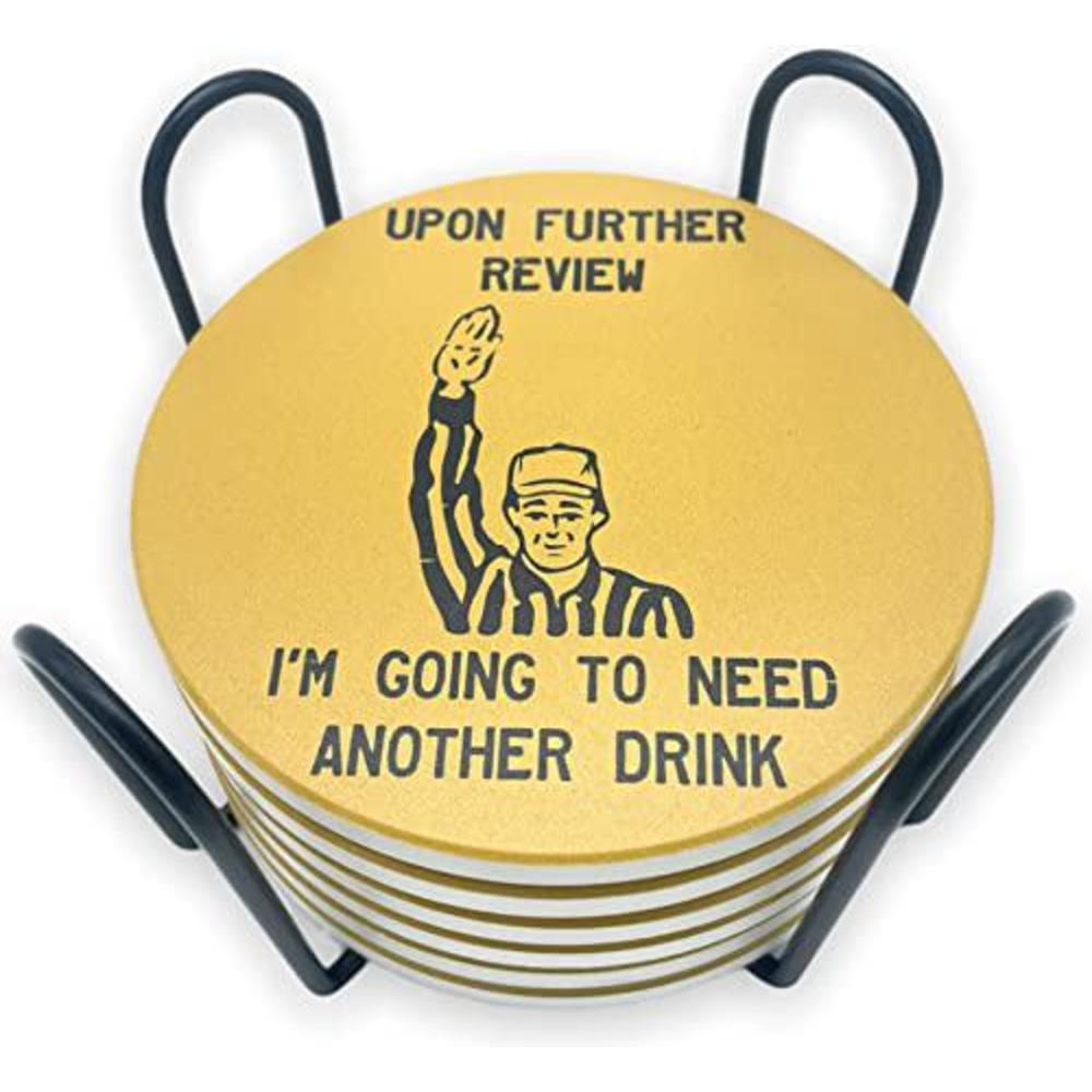 Toothsome Studios upon further review i'm going to need another drink 6 piece ceramic coaster set home bar man cave football theme drinkware ho