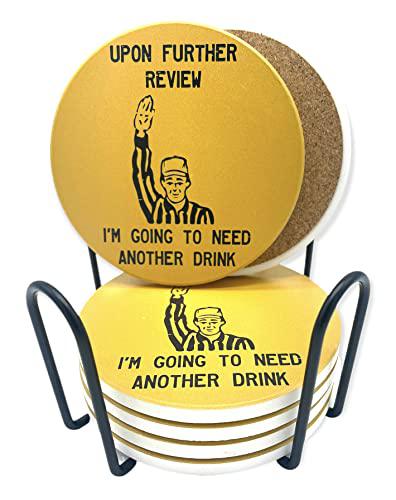 Toothsome Studios upon further review i'm going to need another drink 6 piece ceramic coaster set home bar man cave football theme drinkware ho