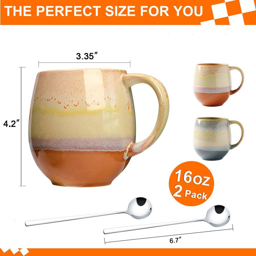 Vivimee large coffee mugs 16 oz for men/women, vivimme coffee mug set with spoons, 2-pack ceramic tea mug for soup, hot cocoa, funny 
