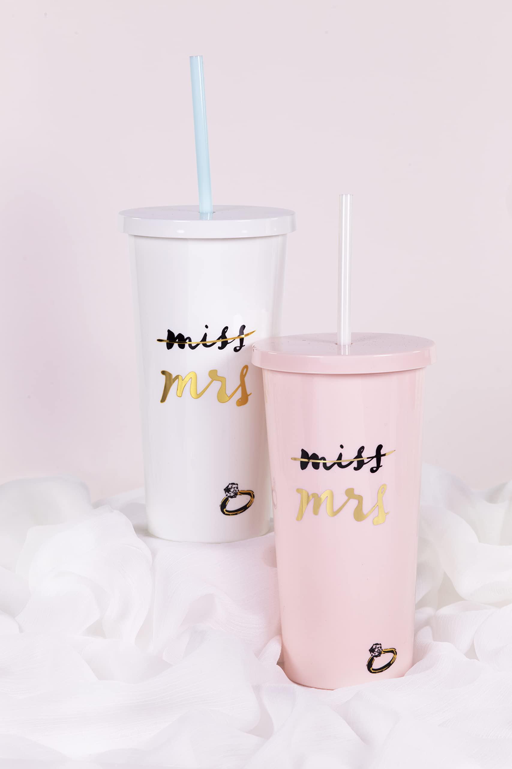 kate spade new york acrylic bridal tumbler with lid and straw, 20 oz tumbler for bride to be, slim double wall tumbler, miss 