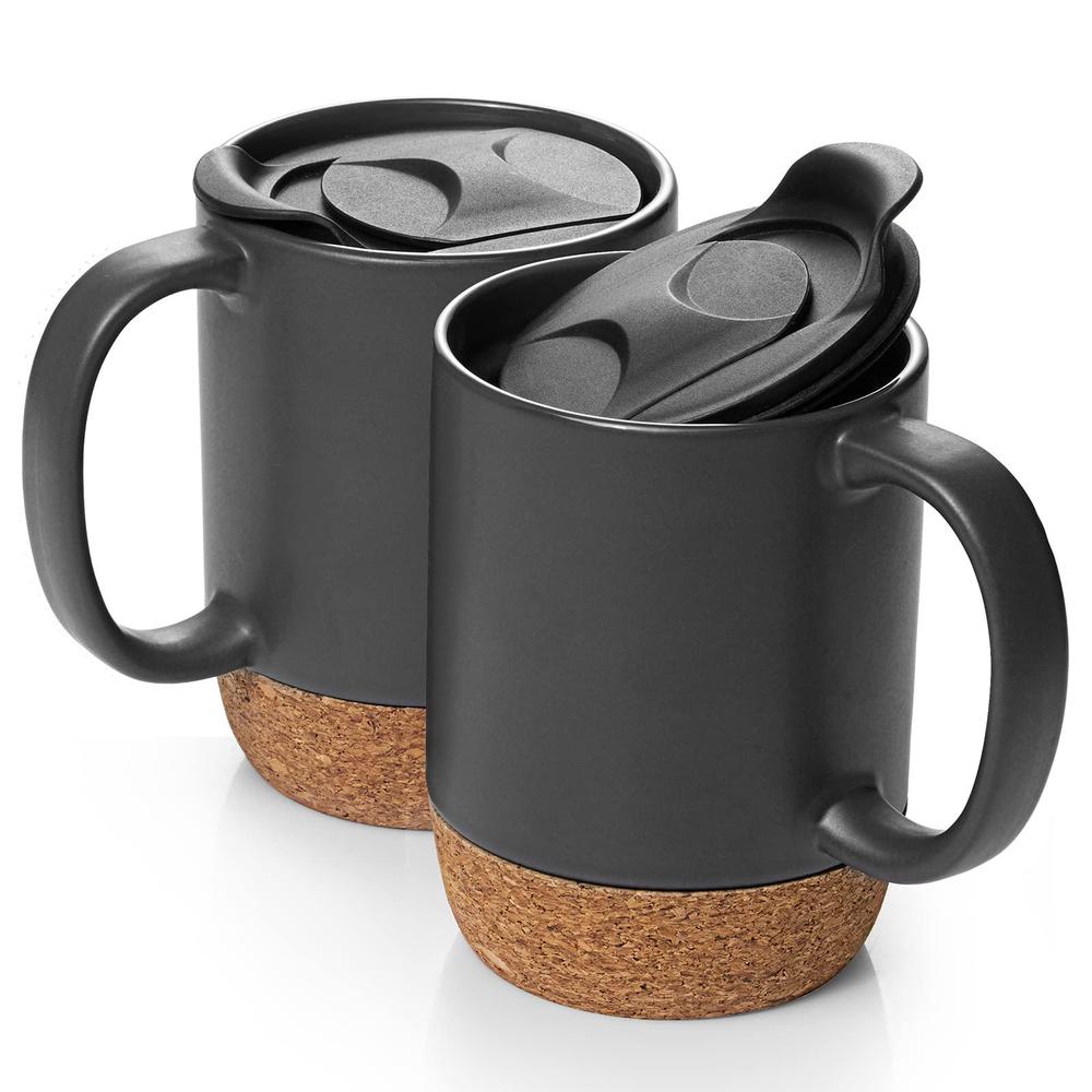 dowan coffee mugs, 15 oz mug set of 2, large ceramic coffee mug with cork bottom and spill proof lid for men, women, big mug 