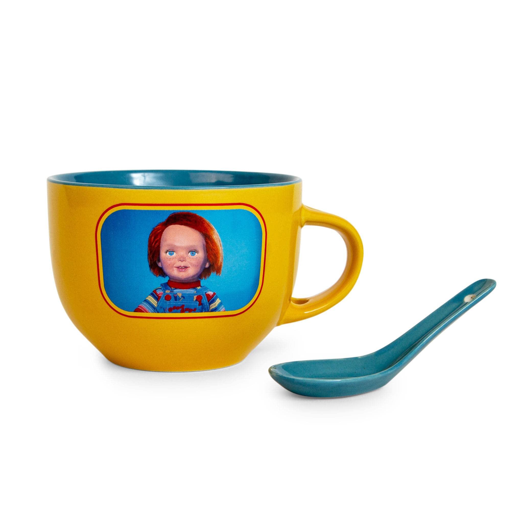 toynk child's play chucky "good guys" 24-ounce ceramic soup mug w/ spoon | bowl for ice cream, cereal, oatmeal | large coffee cup f