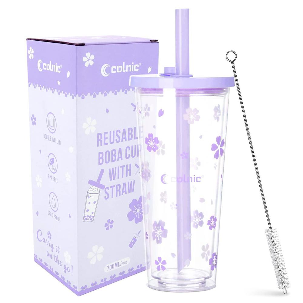 colnic reusable boba cup with lids and straws, 24oz/700ml smoothie cups, iced coffee cup, leakproof kawaii cup, bubble tea cu