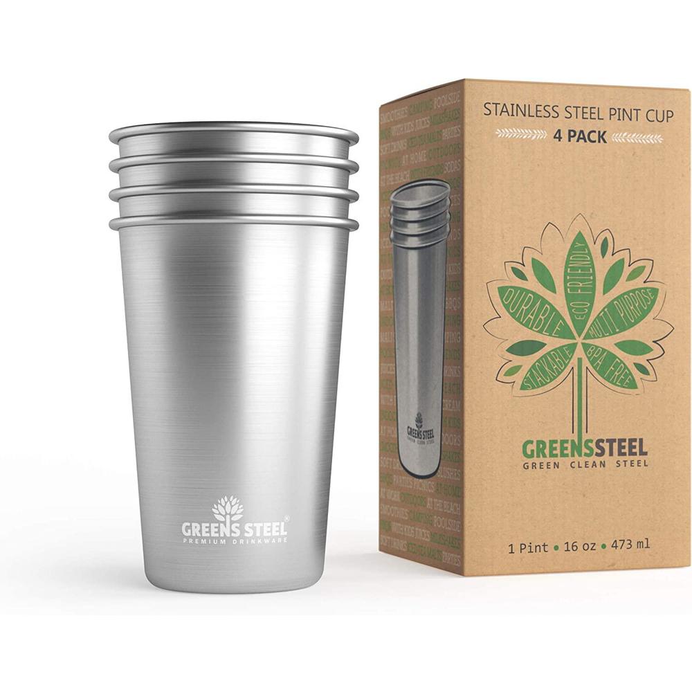 Greens Steel #1 premium stainless steel cups 16 oz/ 475ml pint cup tumbler (4 pack) by greens steel - premium metal cups - stackable durab