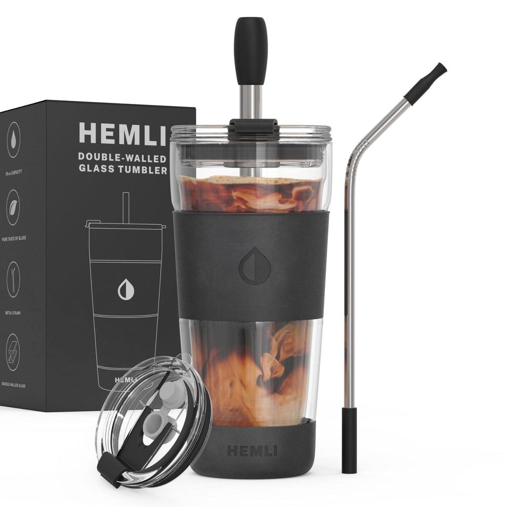 hemli 19 oz. clear double wall glass coffee tumbler, to go glass travel mug with lid, portable glass thermos with straw, reus