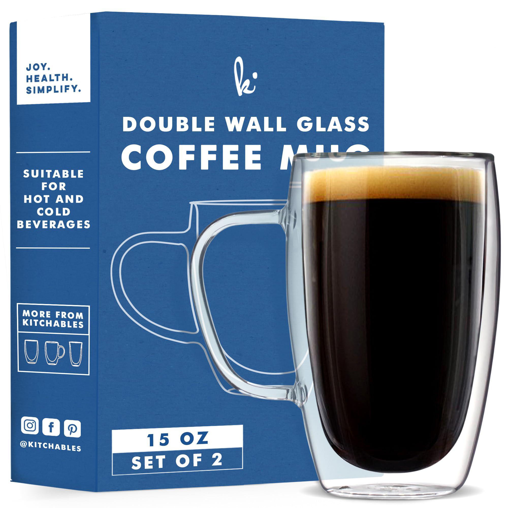 kitchables double wall glass coffee mugs set of 2, 15oz with handle insulated glass coffee mug with handle, clear coffee mugs
