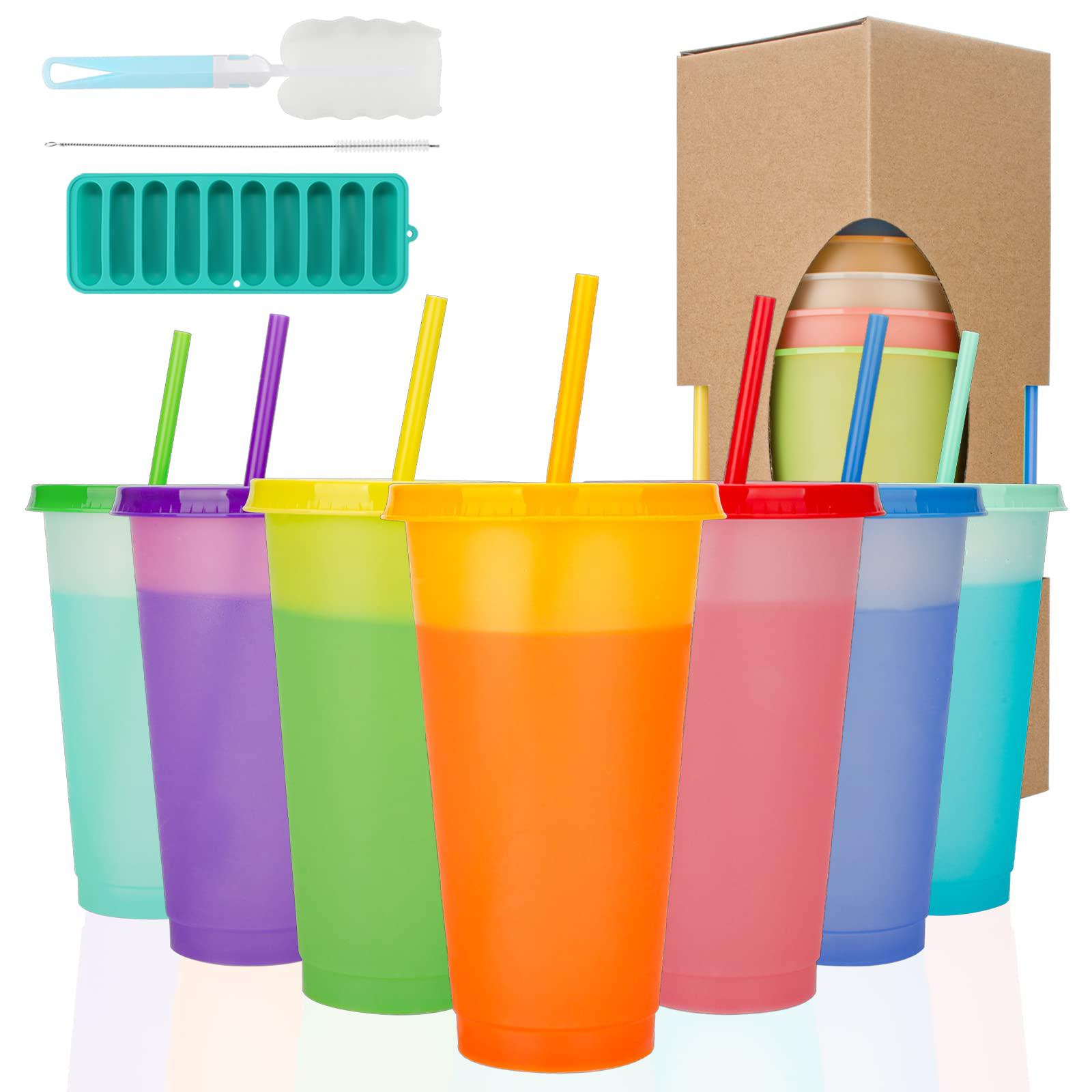 sursip color changing tumblers with lids ,straws ,cleaning brush & ice cube tray - 7 reusable bulk tumblers plastic cold cups