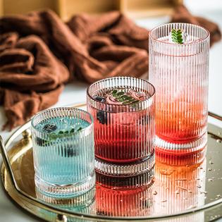 KEMORELA ribbed glass cups set, 13oz vintage drinking glassware