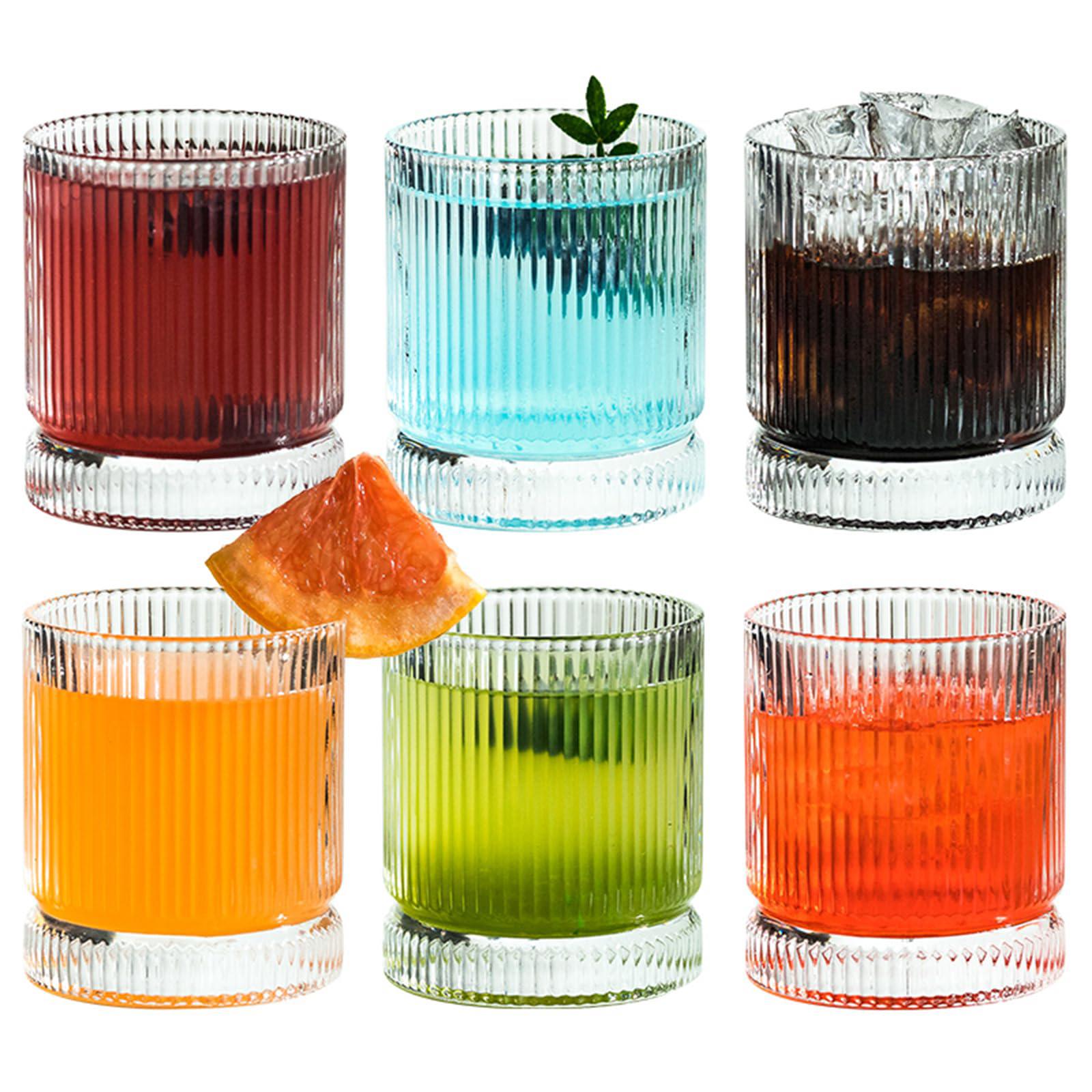 KEMORELA ribbed glass cups set, 13oz vintage drinking glassware set, 6 piece premium glassware, elegant mixed glassware set, origami s
