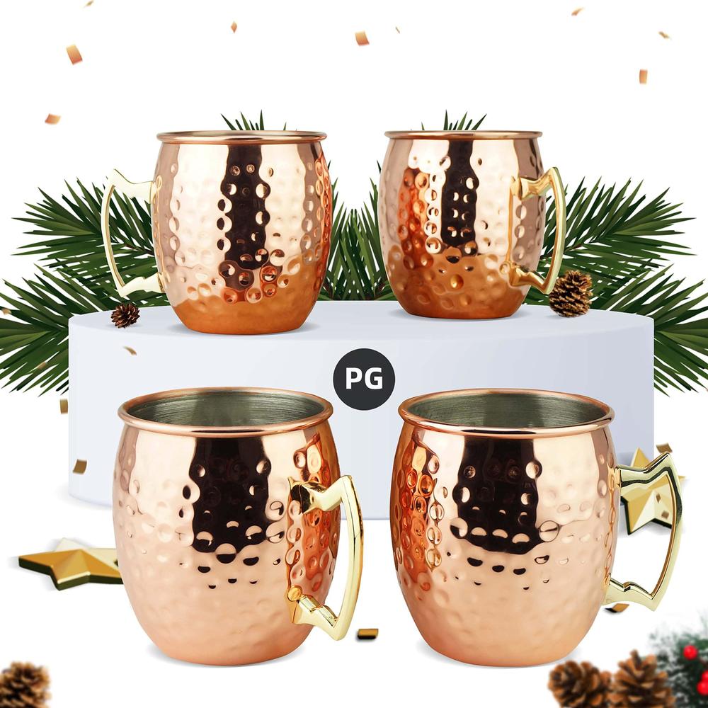 pg moscow mule mugs | large size 19 ounces | set of 4 hammered cups | stainless steel lining | pure copper plating | gold bra