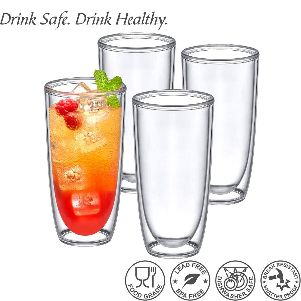 amazing abby - andes - 20-ounce insulated plastic tumblers (set of 4), double-wall plastic drinking glasses, all-clear reusab
