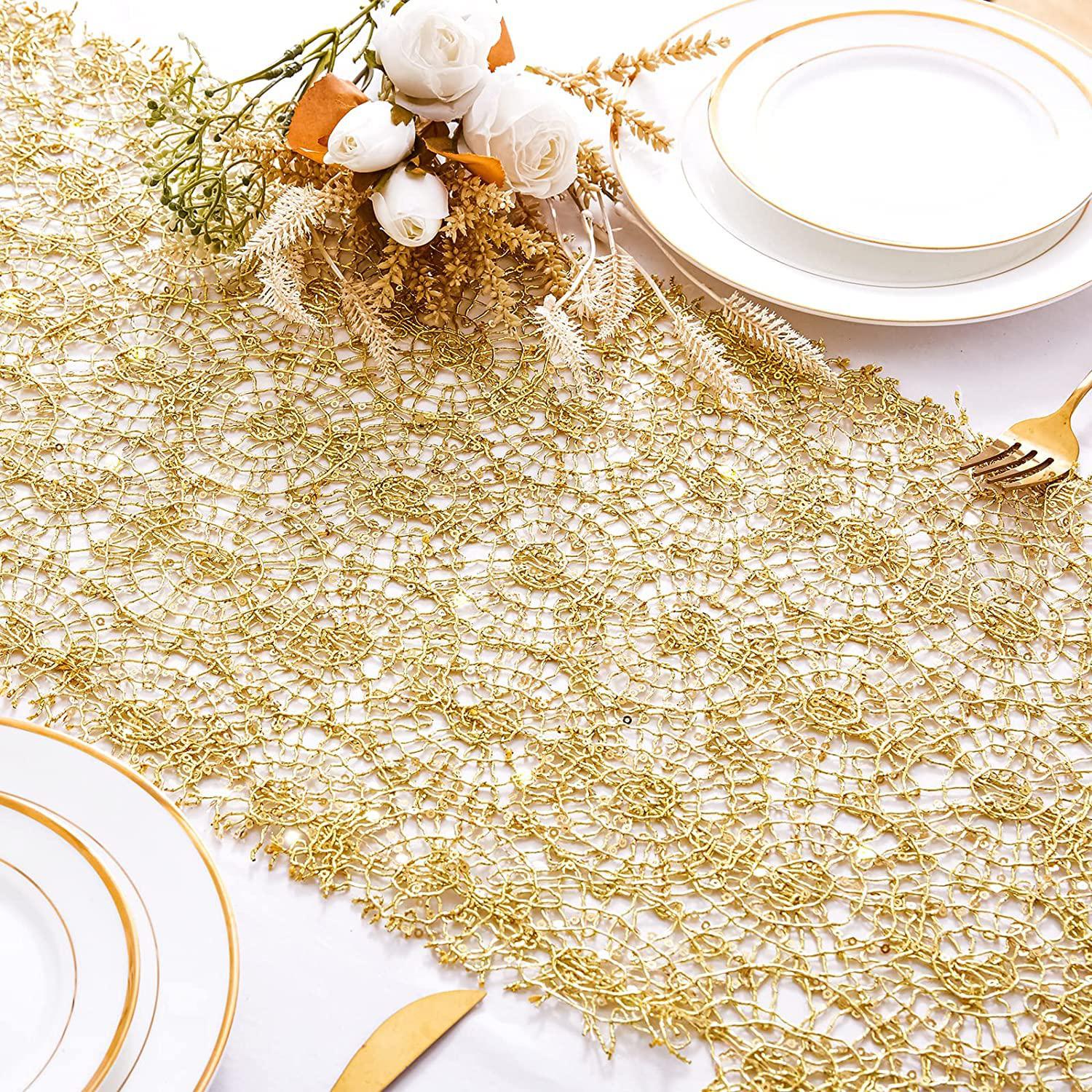 QueenDream 6 pack sequin mesh table runner gold 12 x 80 inch glitter gold table runner for rectangle table for birthday wedding banquet 