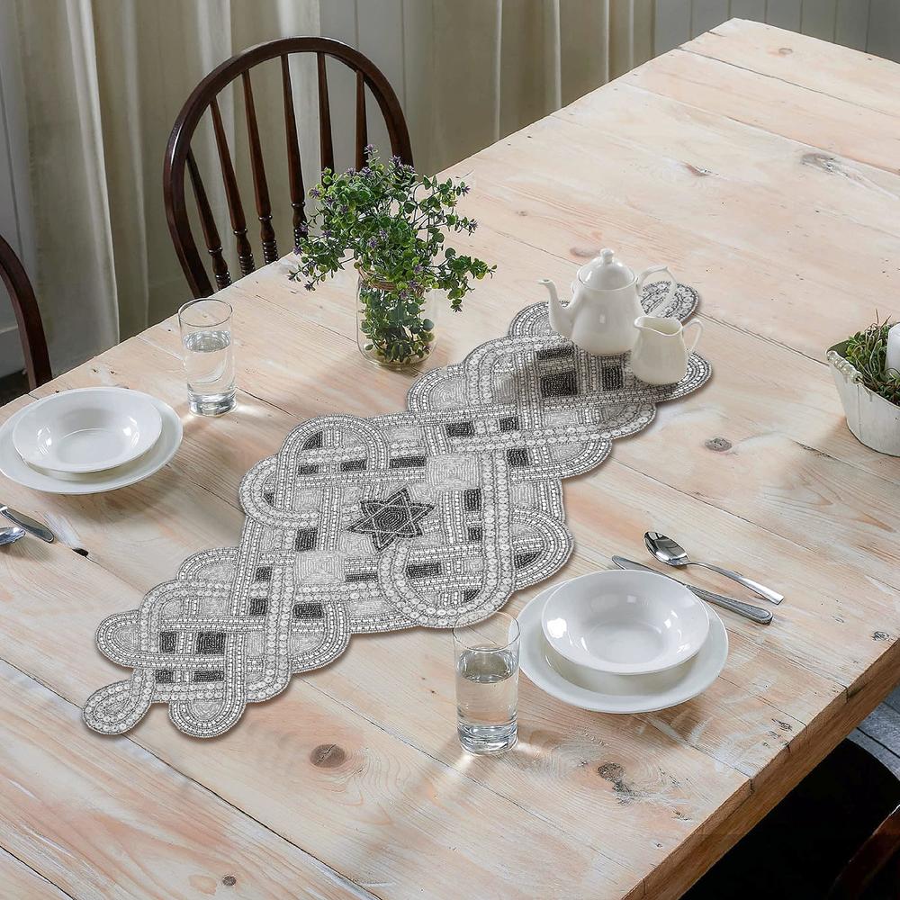 cleentable handmade fancy scrolled embroidery beaded table runner for tabletop and kitchen grey/silver - home decor mat for wedding part
