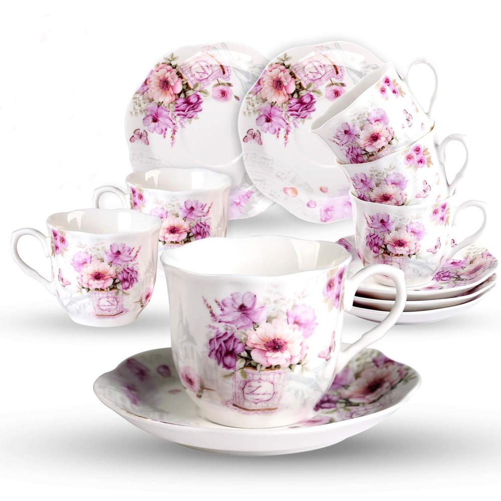 GUANGYANG GY guangyang china tea cups and saucers set of 6-7ounce/200ml - tea gift sets for adults - purple floral porcelain teacup with s