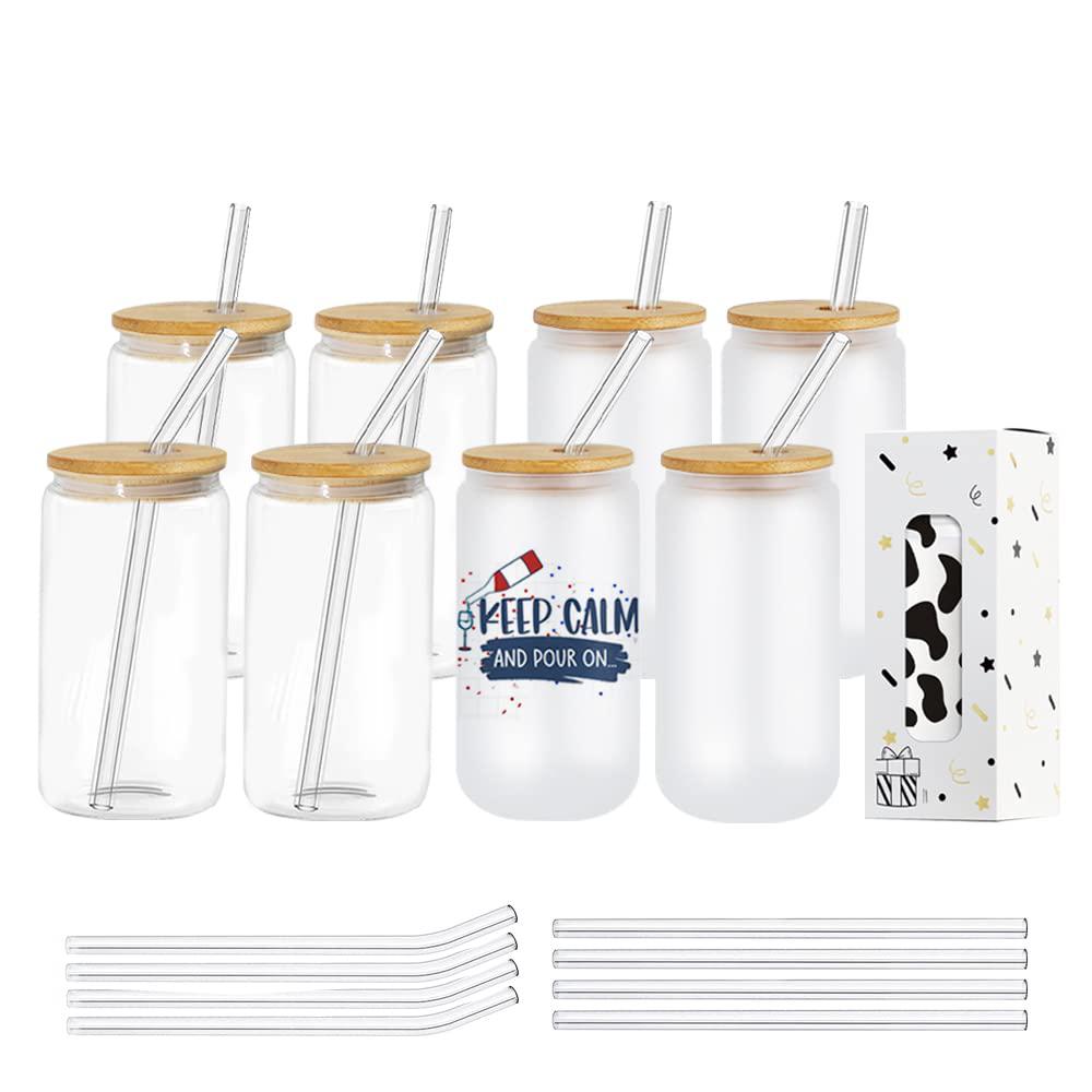 merryjoy 8 pack sublimation glass blanks with bamboo lid,16 oz glass cups  with lids and straws,sublimation glass can,sublimat