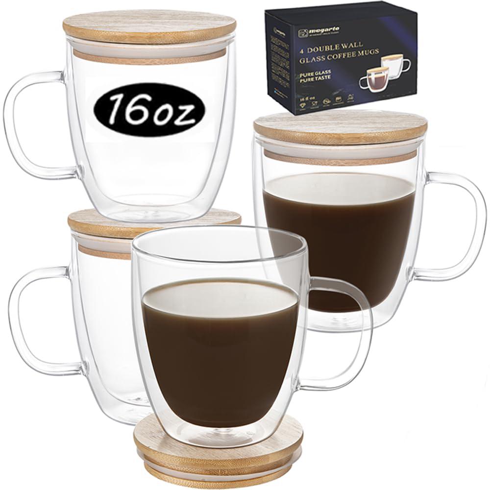 megarte double wall glass coffee mugs - 16 oz clear coffee mug set of 4 double insulated glass coffee mug with lid borosilicate glass