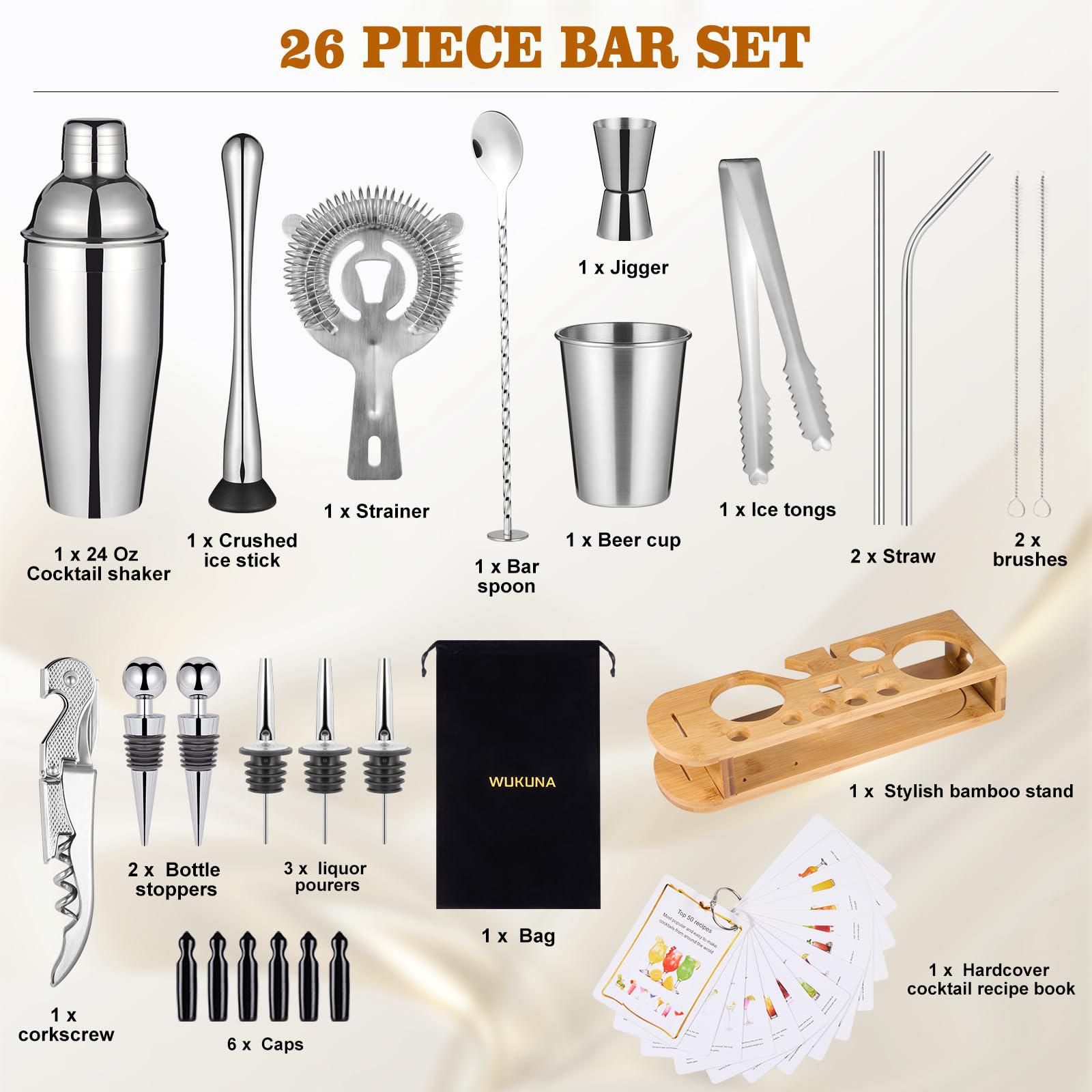 Wukuna cocktail shaker set bartender kit 26-piece stainless steel bar tool set with bamboo stand,home cocktail tool with all bar acc