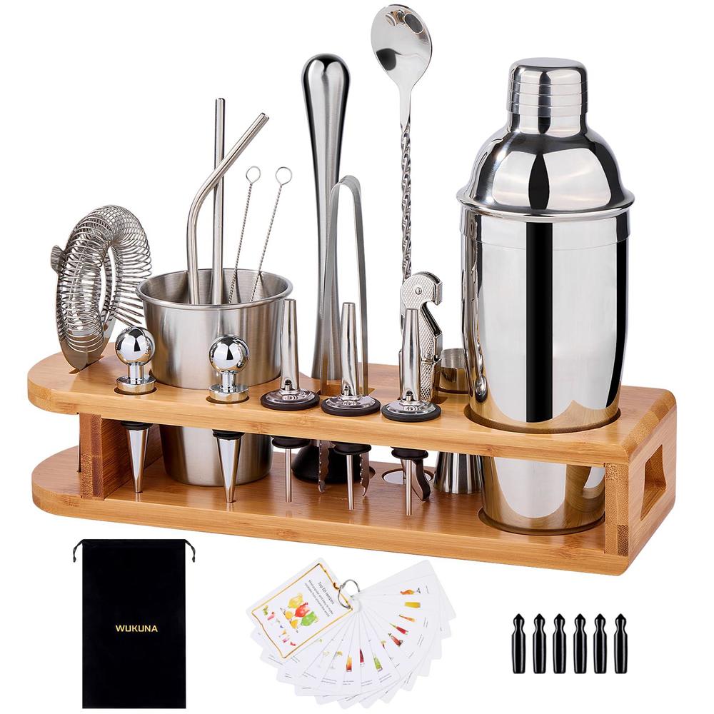 Wukuna cocktail shaker set bartender kit 26-piece stainless steel bar tool set with bamboo stand,home cocktail tool with all bar acc