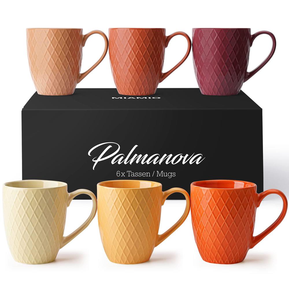 miamio - coffee mugs set of 6 / coffee cups - 6 x 12 oz ceramic mugs - large coffee mugs - microwave & dishwasher safe - palm