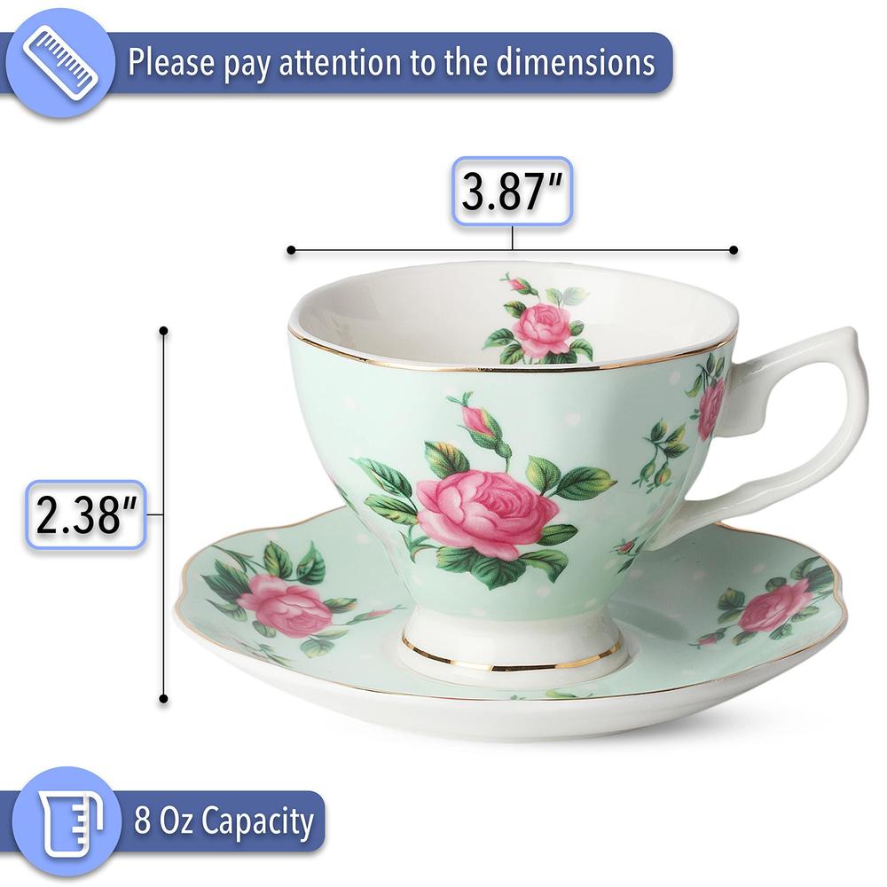 Brew To A Tea btat- floral tea cups and saucers, set of 8 (8 oz) multi-color with gold trim and gift box, coffee cups, floral tea cup set, 