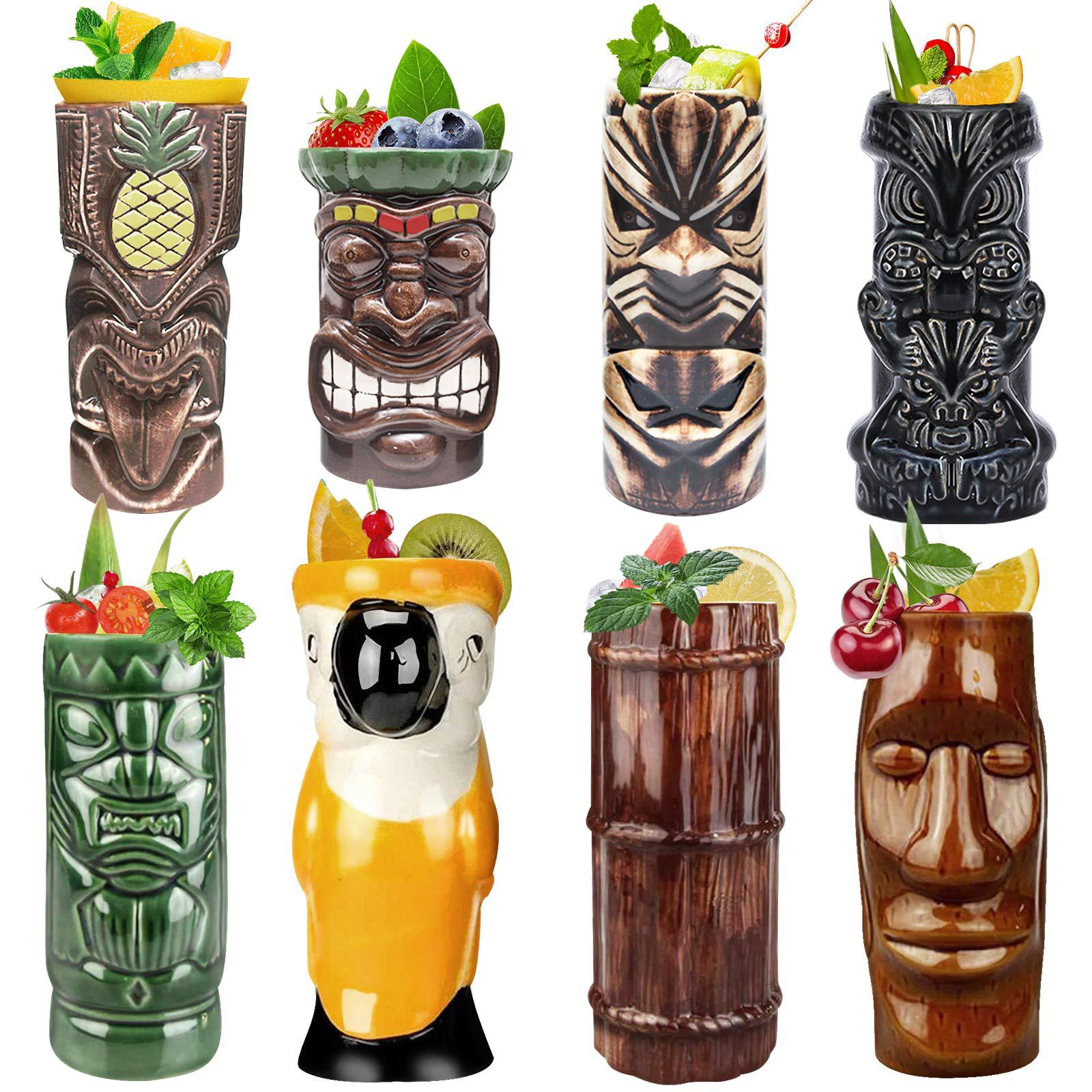 LINALL tiki mugs cocktail set of 8 - ceramic tiki mugs hawaiian party cute exotic cocktail glasses hawaiian tiki mug - tkset0080 (8p