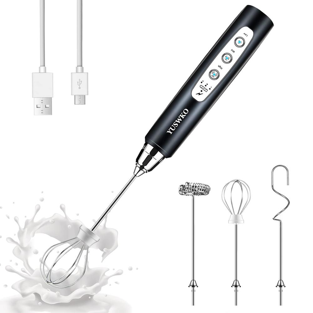 yuswko milk frother handheld with 3 heads, electric whisk drink foam mixer with usb rechargeable 3 speeds, mini frother for c