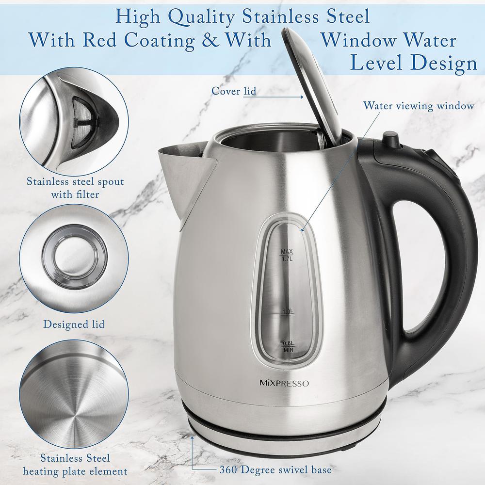 mixpresso stainless steel electric kettle, cordless pot 1.7l portable electric hot water kettle, 1500w strong fast boiling po