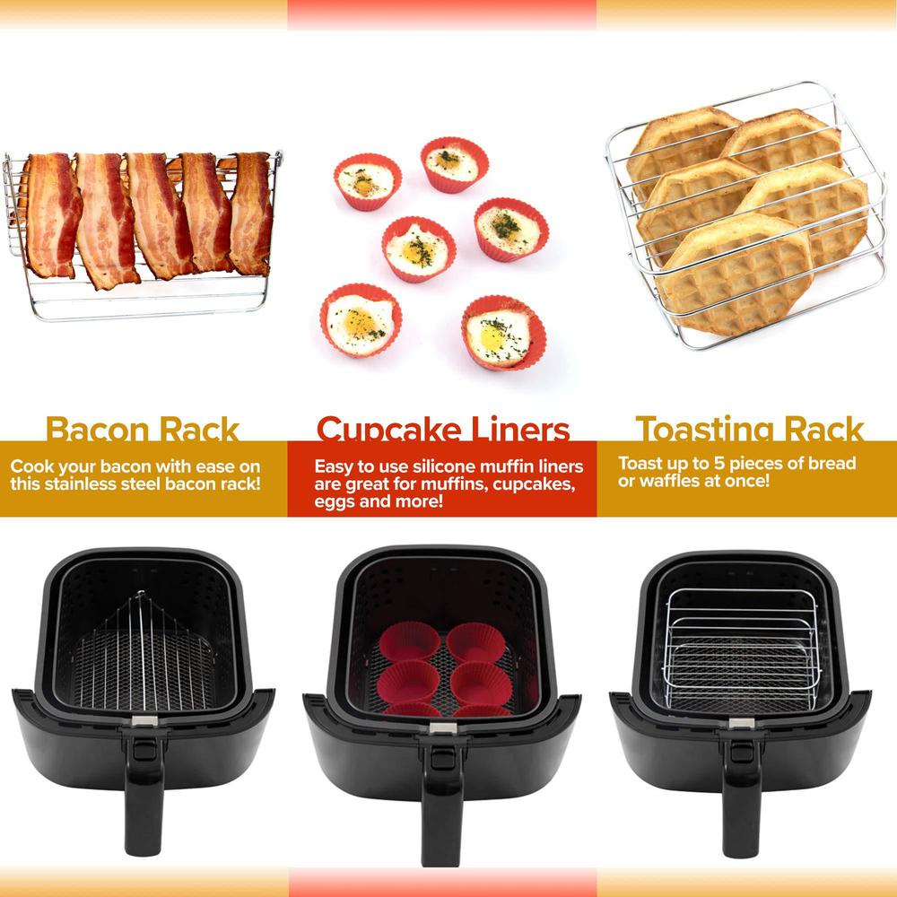 nuwave 6 qt air fryer accessories 6 silicone egg liners, a stainless steel toaster rack and a stainless steel bacon rack (bre