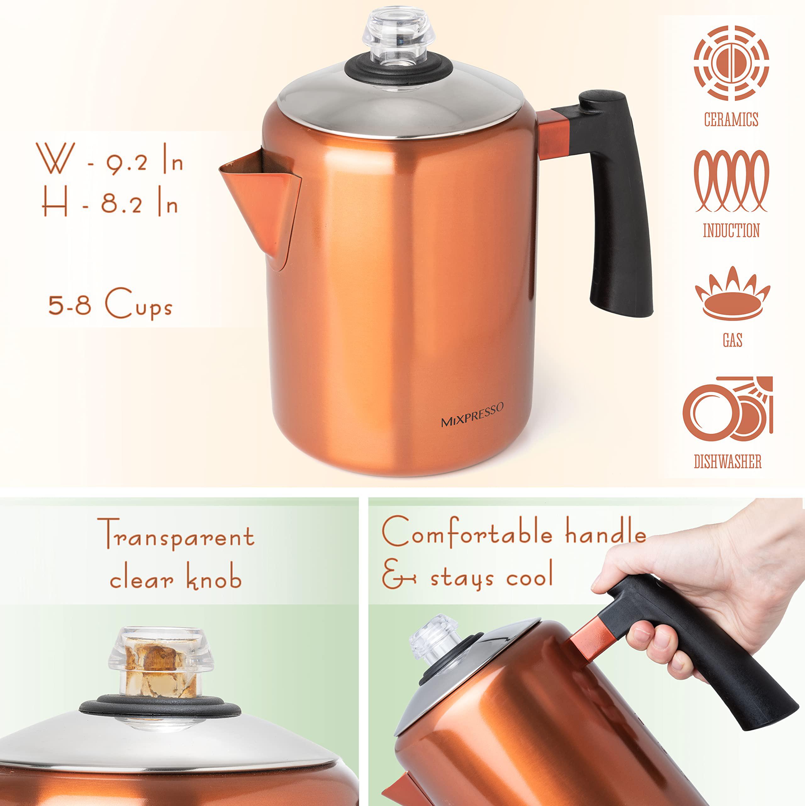 mixpresso stainless steel stovetop coffee percolator, percolator coffee pot, excellent for camping coffee pot, 5-8 cup copper