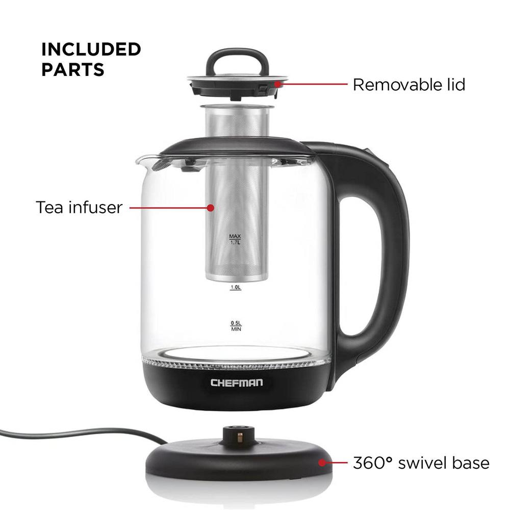 chefman 1.7 liter electric kettle with tea infuser, cordless with removable lid and 360 swivel base, led indicator lights, bl