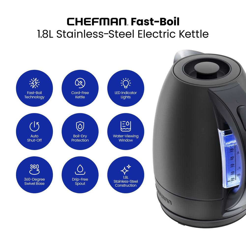 chefman electric kettle, 1.8 liter stainless steel electric tea kettle water boiler with automatic shutoff, led lights, boil-