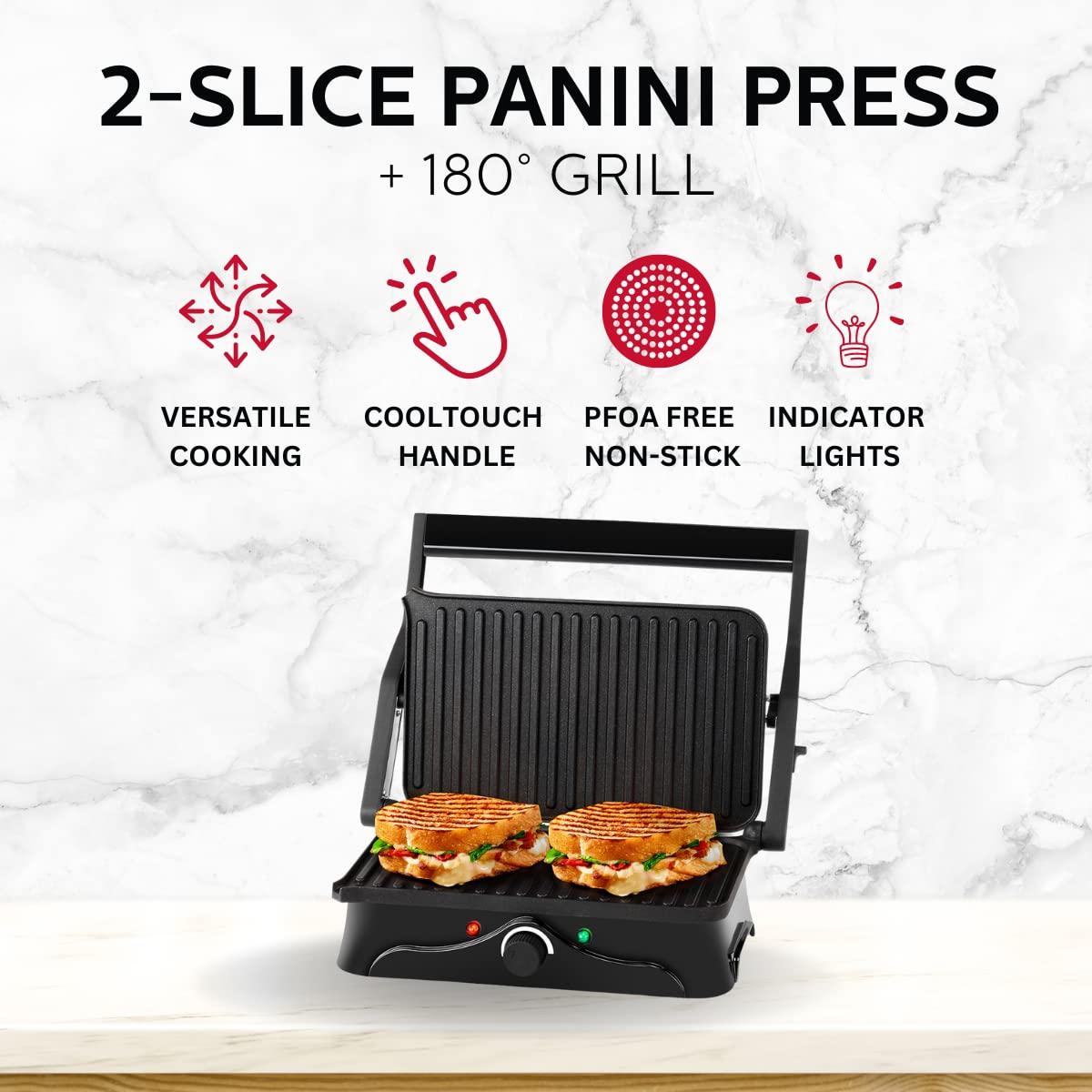 holstein housewares 2-slice panini press and grill - black/stainless steel sandwich maker with non-stick coating, temperature