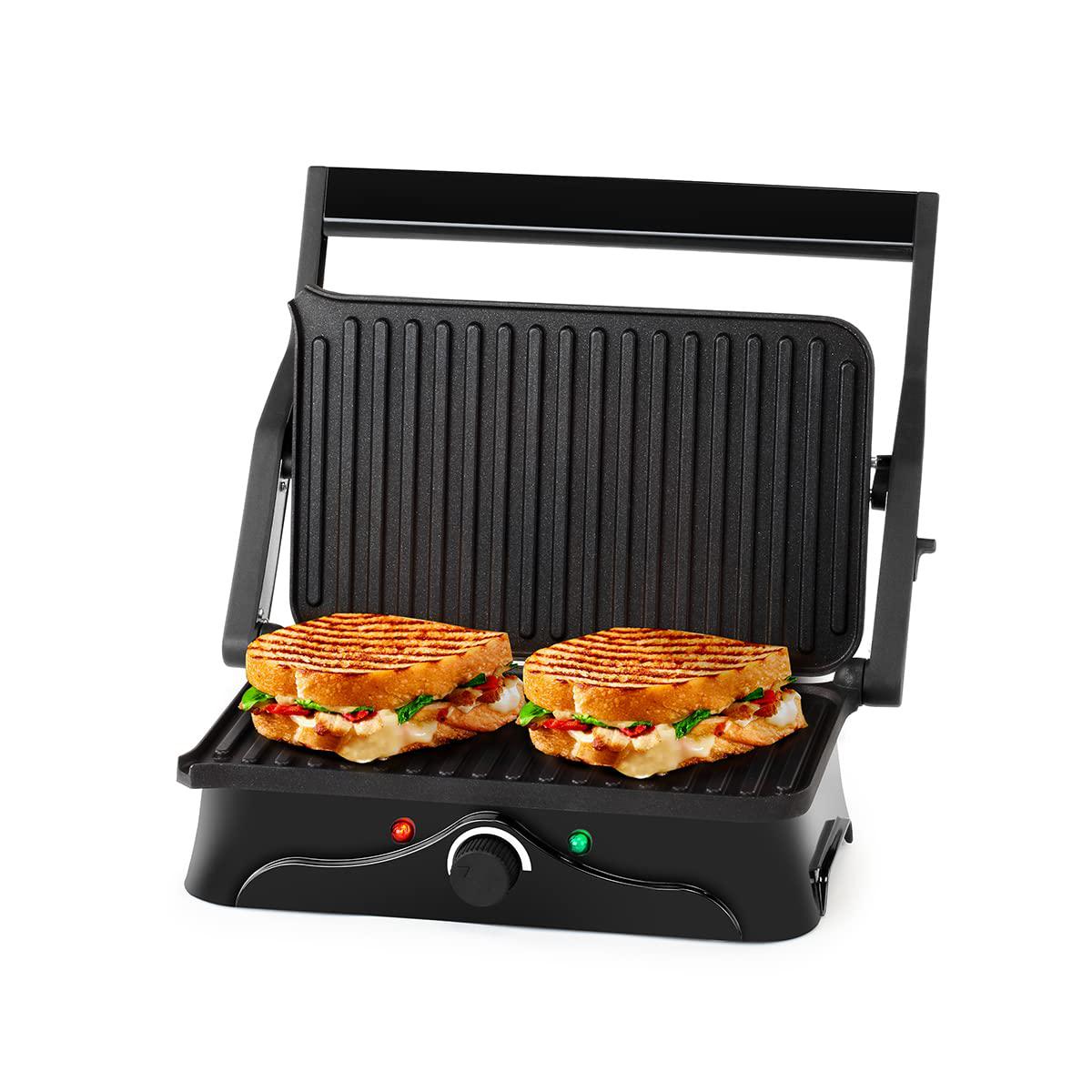 holstein housewares 2-slice panini press and grill - black/stainless steel sandwich maker with non-stick coating, temperature