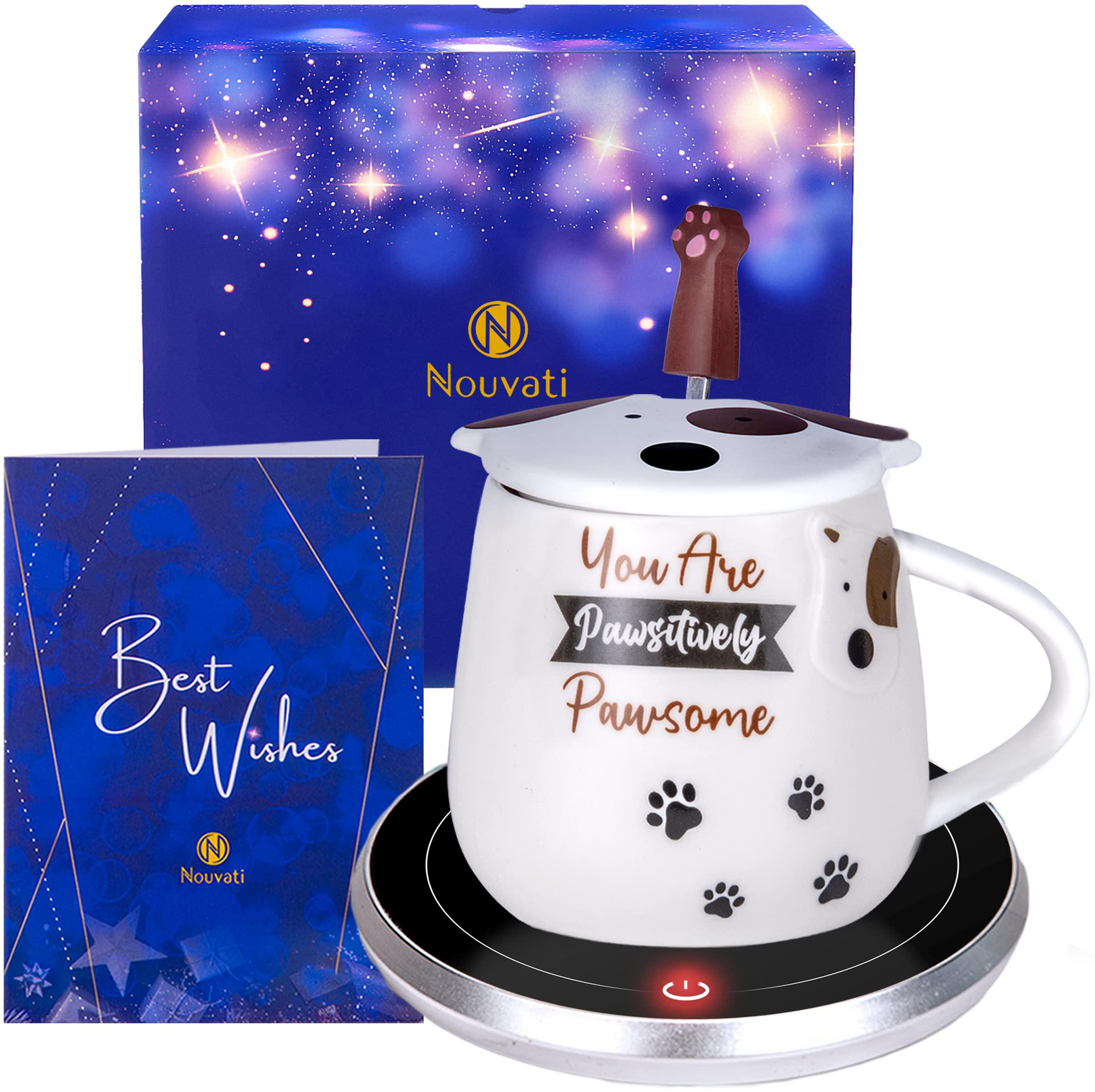 nouvati mug warmer & dog coffee mug with lid set: excellent heating, auto shut-off, 2 heating modes; cute mug; coffee warmer/