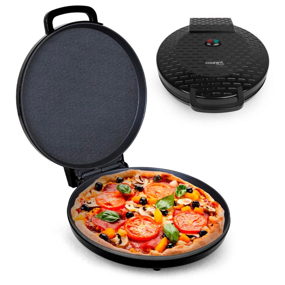 courant pizza maker 12 inch pizzas machine, newly improved cool-touch handle non-stick plates pizza oven & calzone maker, ele