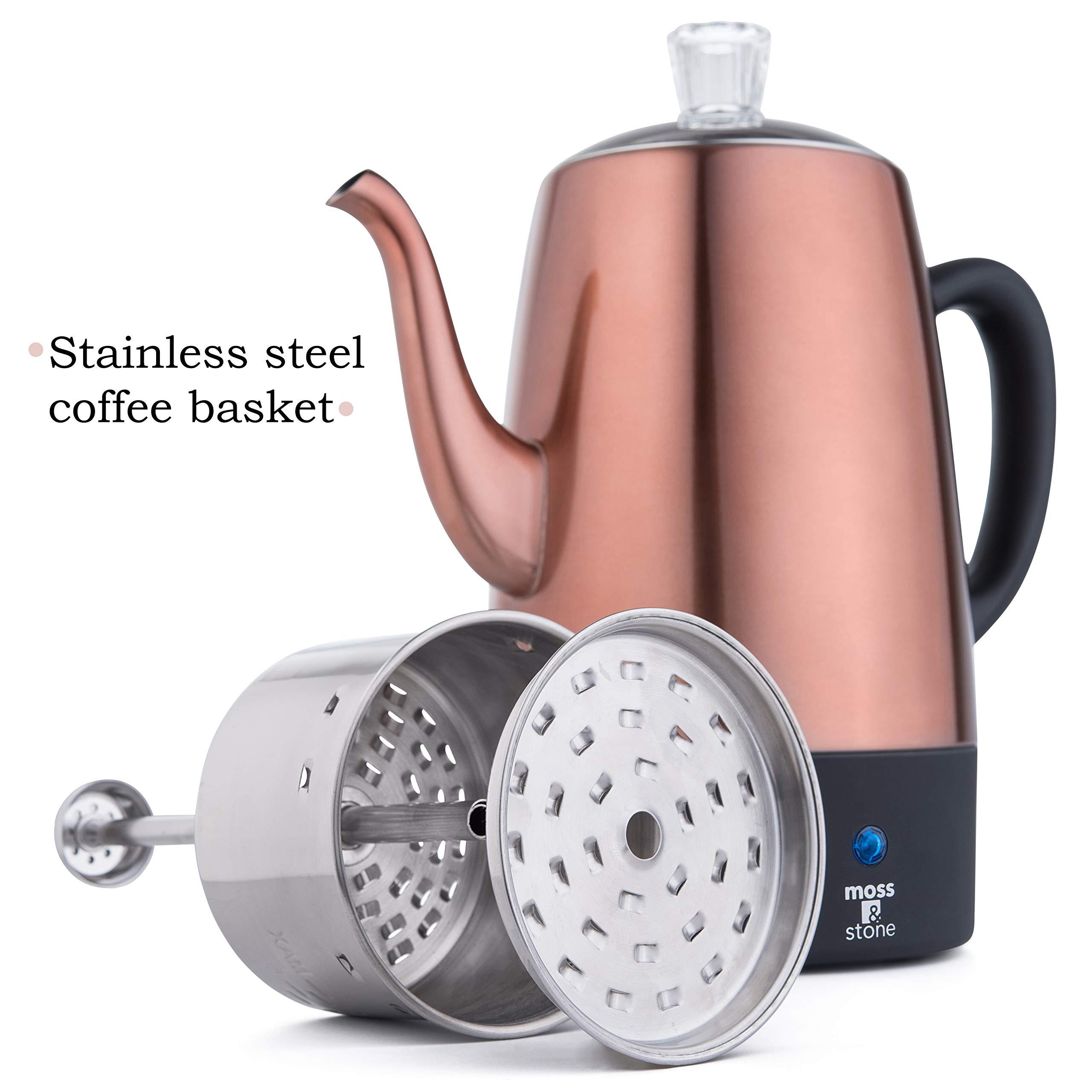moss & stone electric percolator copper body with stainless steel lids coffee maker | electric pot - 10 cups, camping