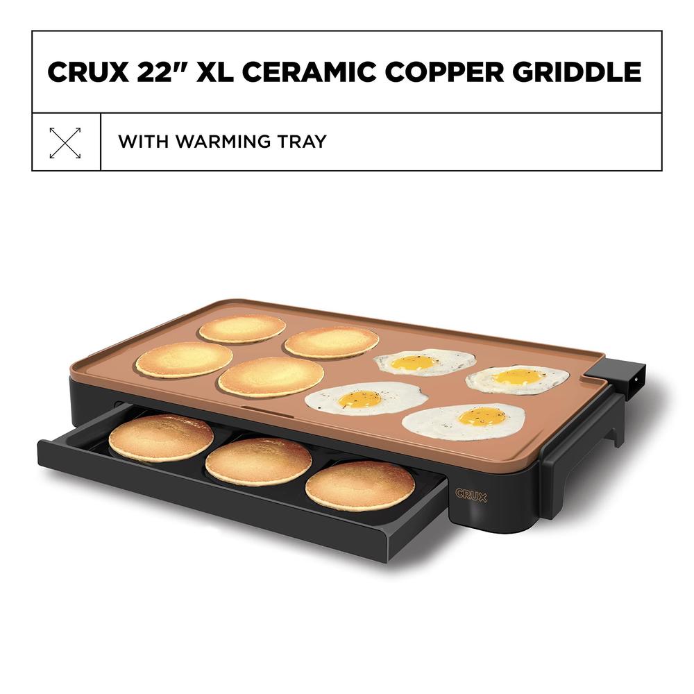 crux xl electric griddle in titanium with nonstick ceramic coating, cool-touch handles, and slide-out drip tray - indoor gril