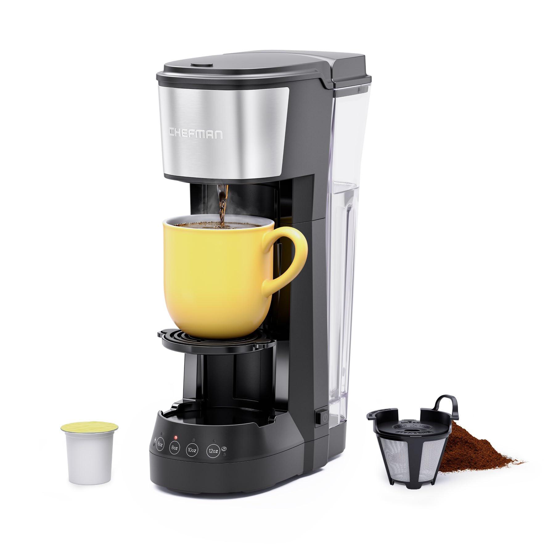 chefman single serve coffee maker, k cup coffee machine: compatible with k-cup pods and ground coffee, brew 6 to 12oz cup dri