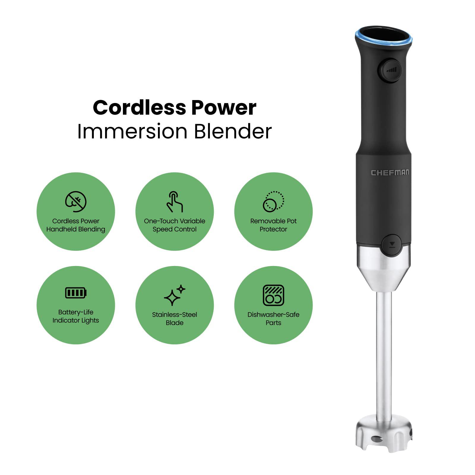 chefman cordless power portable immersion blender, ice crushing power with one-touch speed control, usb charging, quickly mix