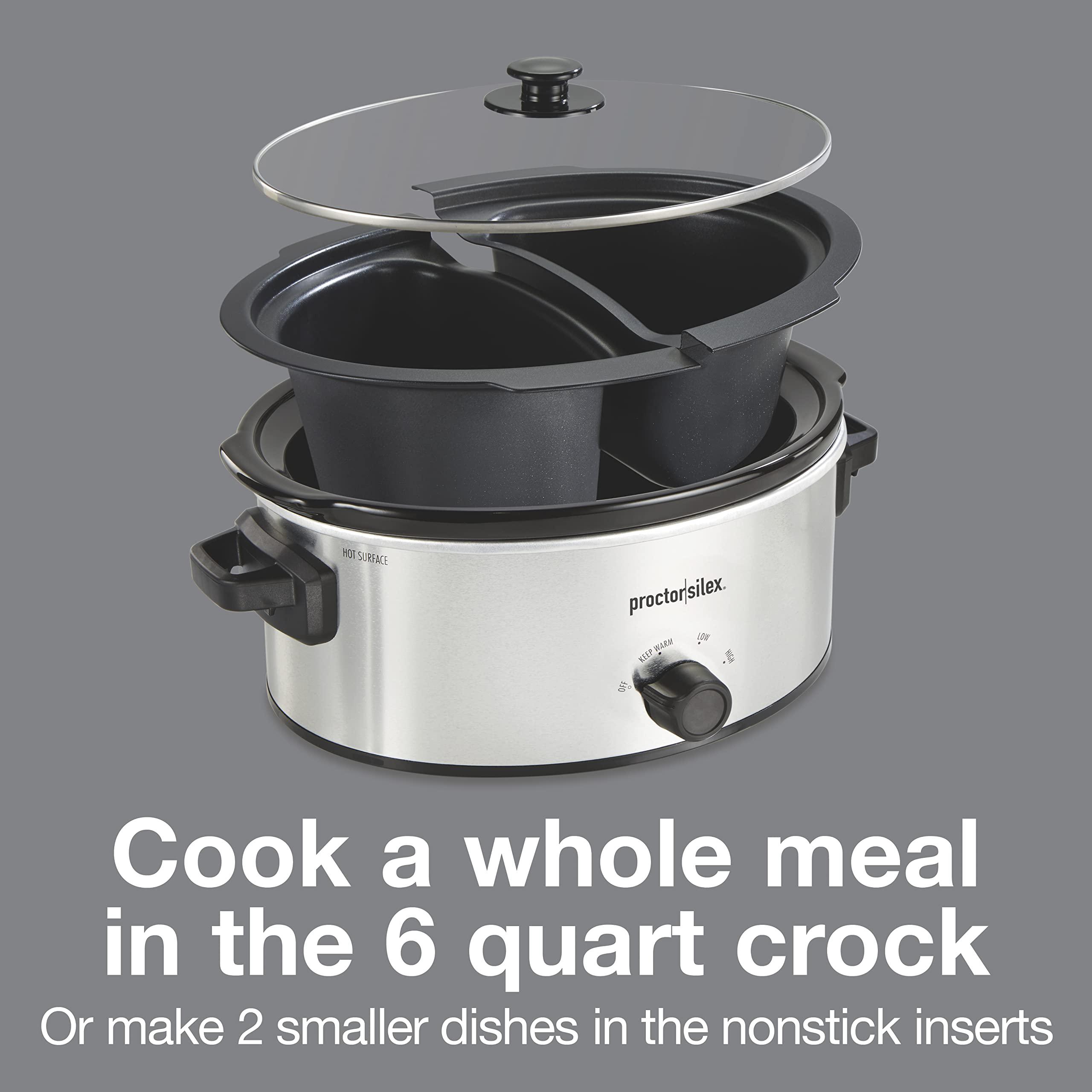 proctor silex double dish slow cooker with 6qt crock and dual 2.5qt nonstick insert to cook two meals at once, dishwasher saf