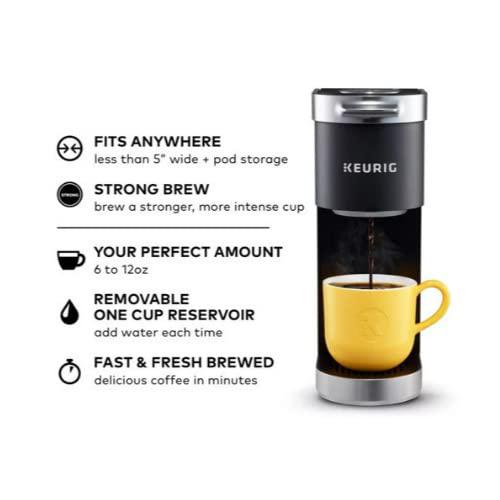 keurig k-mini plus single serve k-cup pod coffee maker, with 6 to 12oz brew size, stores up to 9 pods, travel mug friendly, m