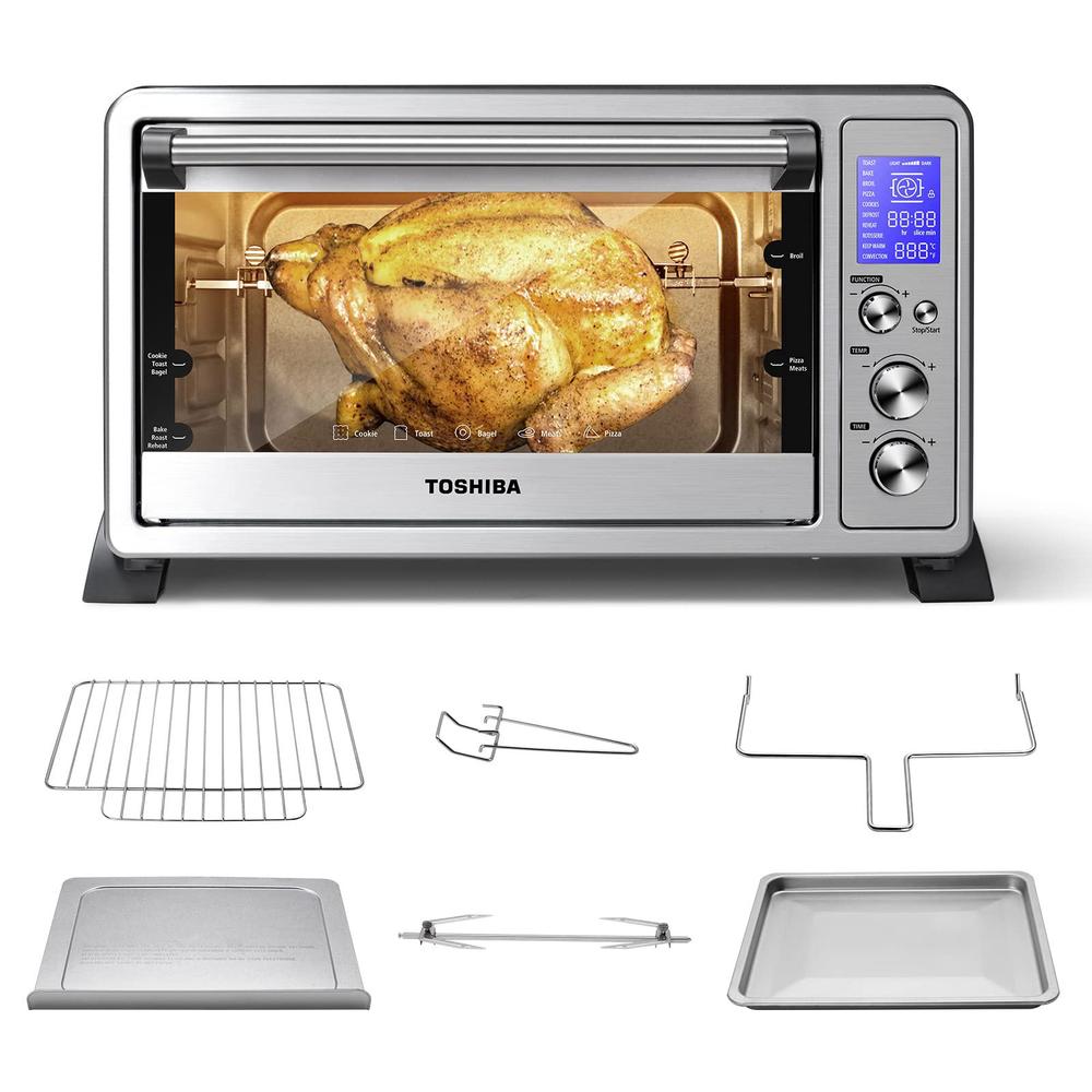 toshiba ac25cew-ss large 6-slice convection toaster oven countertop, 10-in-one with toast, pizza and rotisserie, 1500w, stain