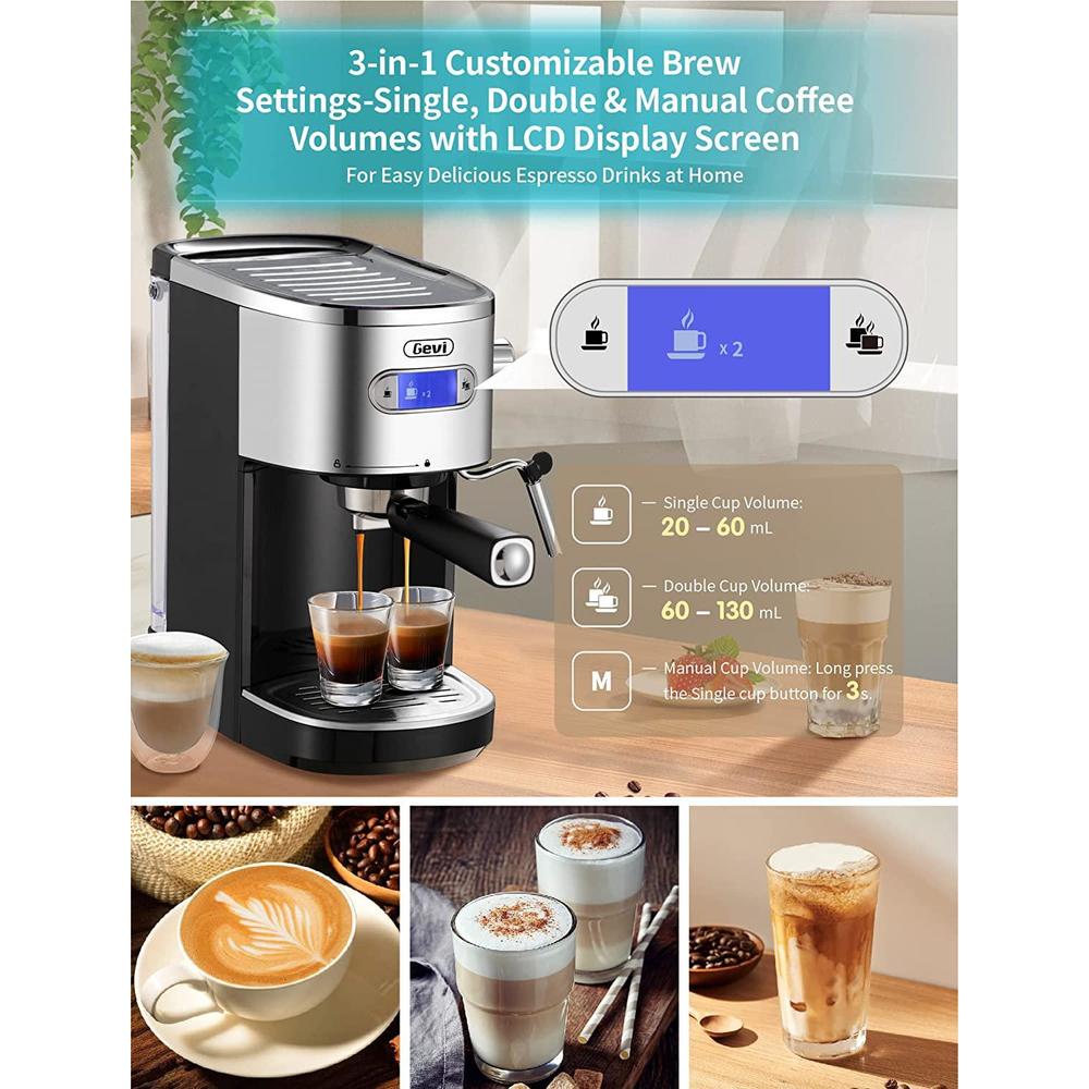 gevi espresso machines 20 bar fast heating automatic cappuccino coffee maker with foaming milk frother wand for espresso, 1.2